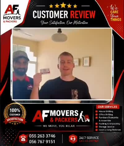 AF Movers customer giving a thumbs-up review with the moving crew